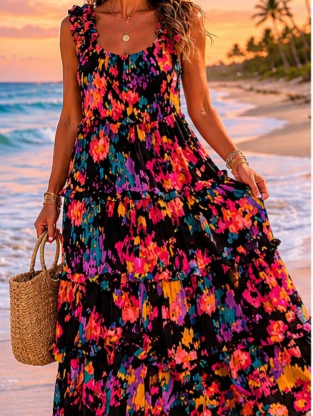 Boho prairie tier ruffle multicolor Vacay Resort Cottagecore Beach maxi dress L - Picture 13 of 15
